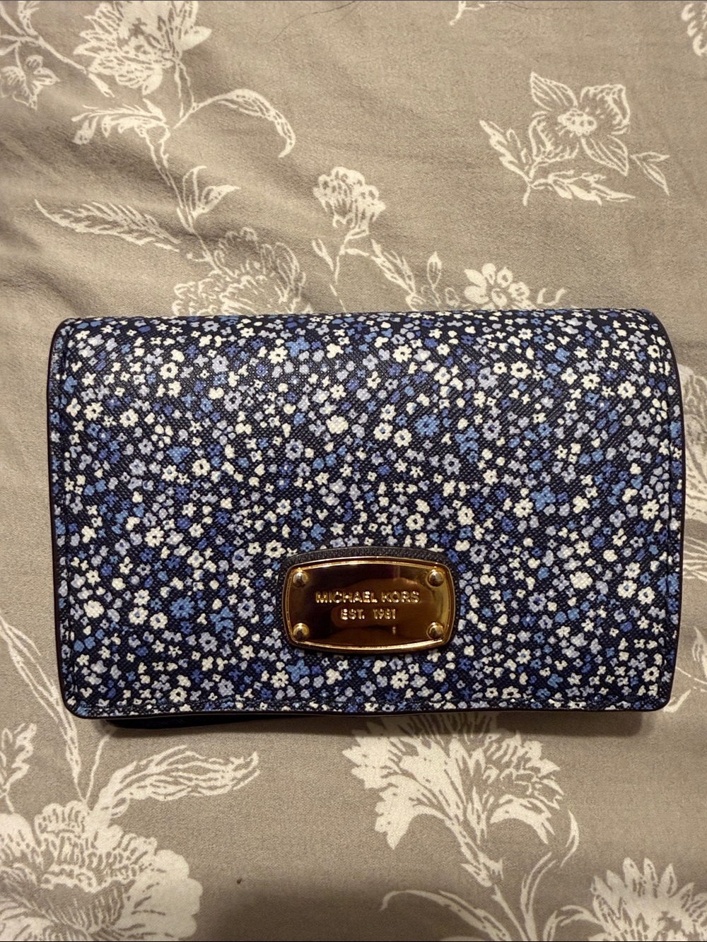Michael Kors Navy and Light Blue Floral Wallet with Gold Plate